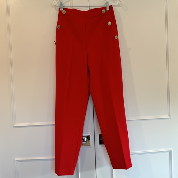 Zara Red Straight Leg Gold Button Detail High Waisted Pants Size Small - Picture 6 of 16